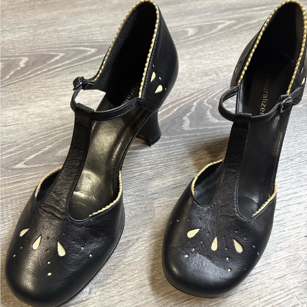 Naturalizer Black T-Strap Heels with Cream Cutout Accents